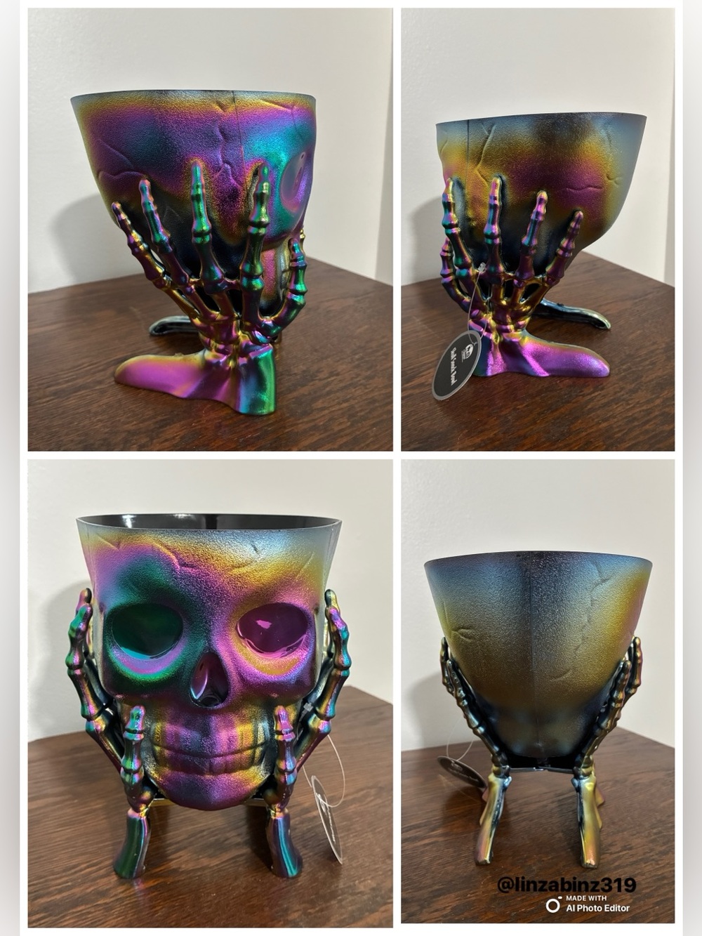 NWT- Iridescent Rainbow Oil Slick- Skull 💀in Hands Candy Bowl Dish Decoration